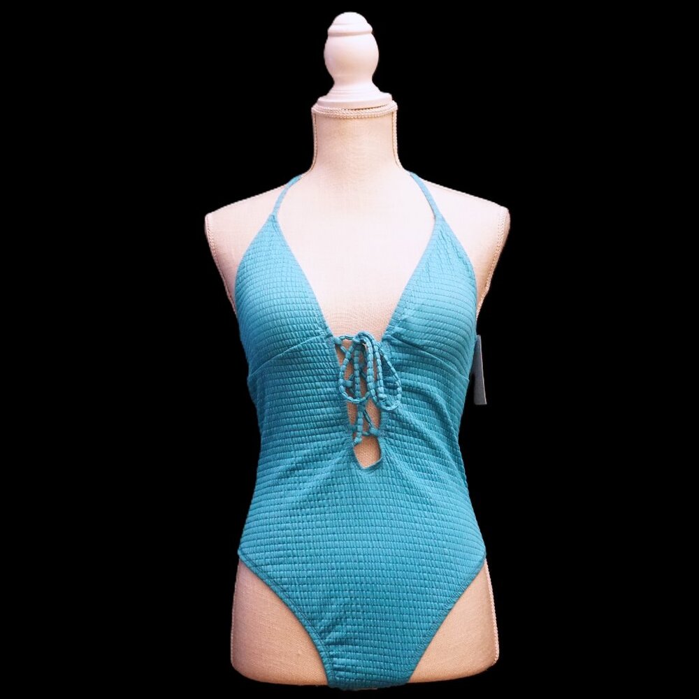 Lucky Brand Ice Teal Haulter Top Wave Texture One Piece Swimsuit Women’s Medium